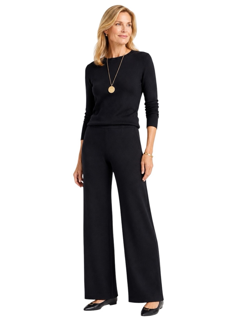 St. John Santana Knit Pull-On High Waist Wide Leg Pants Black - Picture 8 of 8
